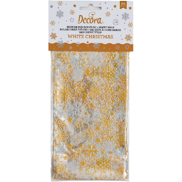 DECORA CELOFÁN TASAK KARÁCSONYI ARANY HÓPELYHES 12,5*24 CM 20 DB/CS