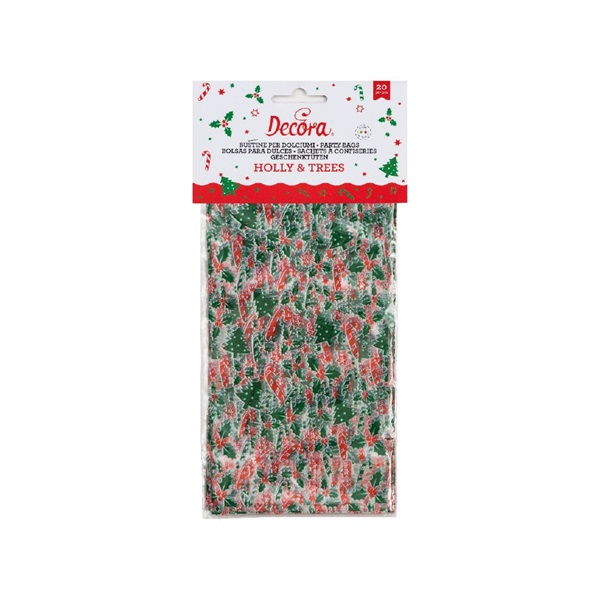 DECORA CELOFÁN TASAK KARÁCSONYI FENYŐFA ÉS CUKORPÁLCIKA 12,5*24 CM 20 DB/CS